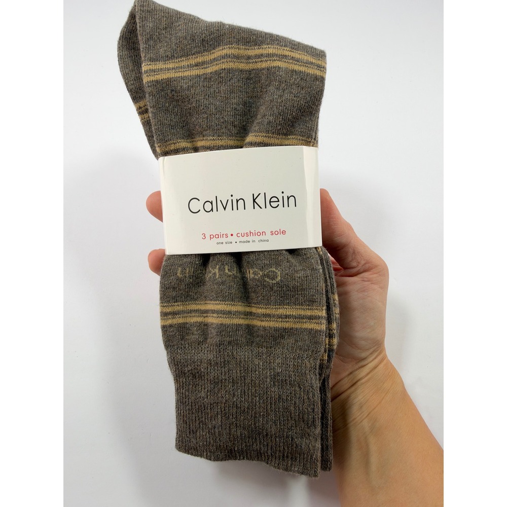 Calvin Klein Men's Socks 3 Pack Gray Olive Stripe CK Logo Cushion Sole 7-12